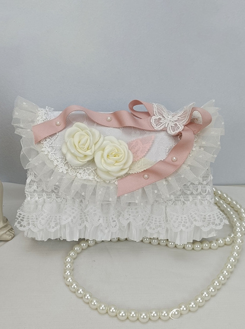 Lace Gorgeous Elegant Butterfly Bow-Knot White Rose Bead Chain Handheld One Shoulder Crossbody Classic Lolita Small Square Bag