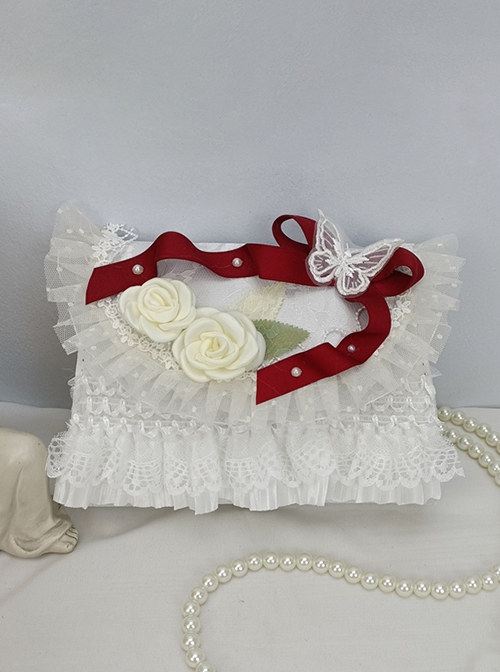 Lace Gorgeous Elegant Butterfly Bow-Knot White Rose Bead Chain Handheld One Shoulder Crossbody Classic Lolita Small Square Bag