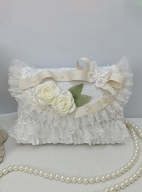 Lace Gorgeous Elegant Butterfly Bow-Knot White Rose Bead Chain Handheld One Shoulder Crossbody Classic Lolita Small Square Bag
