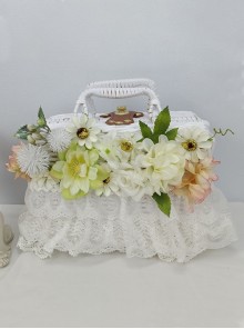 Pastoral Style White Small Fresh Weave Lock Catch Lace Simulation Flower Classic Lolita Handbag