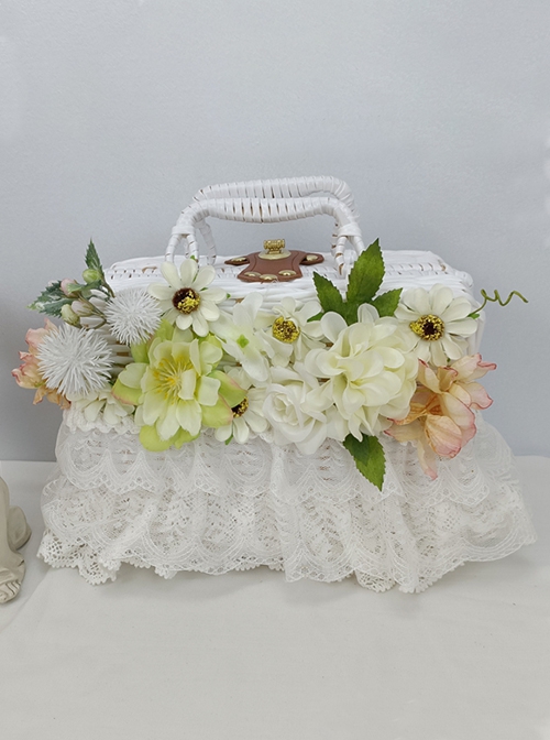 Pastoral Style White Small Fresh Weave Lock Catch Lace Simulation Flower Classic Lolita Handbag