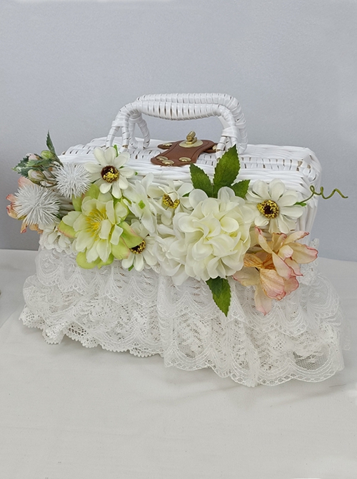 Pastoral Style White Small Fresh Weave Lock Catch Lace Simulation Flower Classic Lolita Handbag