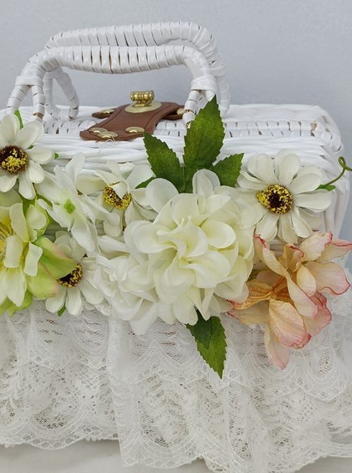 Pastoral Style White Small Fresh Weave Lock Catch Lace Simulation Flower Classic Lolita Handbag