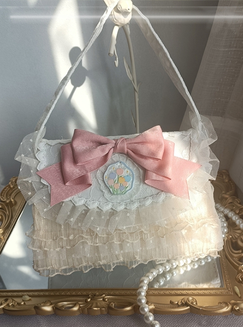 Solid Color Elegant Multi-Layer Lace Bow Tulip Hand-Held One-Shoulder Magnetic Buckle Bead Chain Classic Lolita Small Square Bag