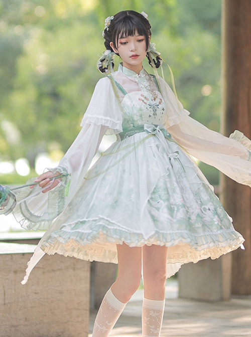 Chinese Style Stand-Up Collar Embroidered Bowknot Swan Castle Print Ribbon Trim Removable Sleeves Classic Lolita Sleeveless Dress