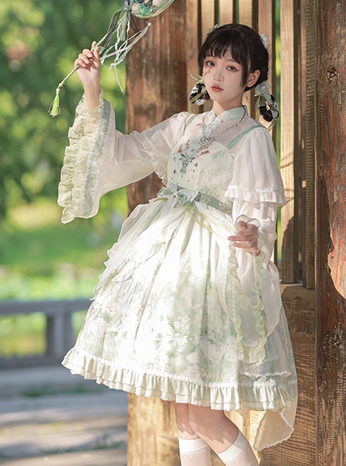 Chinese Style Stand-Up Collar Embroidered Bowknot Swan Castle Print Ribbon Trim Removable Sleeves Classic Lolita Sleeveless Dress