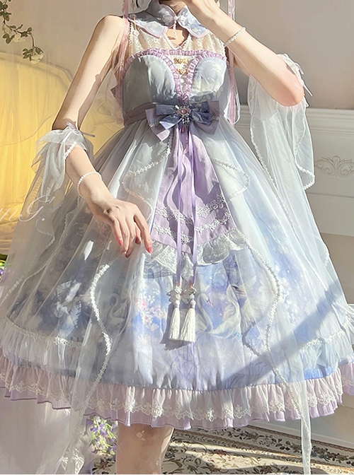 Chinoiserie Purple Stand Collar Lace Bead Chain Bow Fringe Design Swan Castle Print Classic Lolita Sleeveless Dress