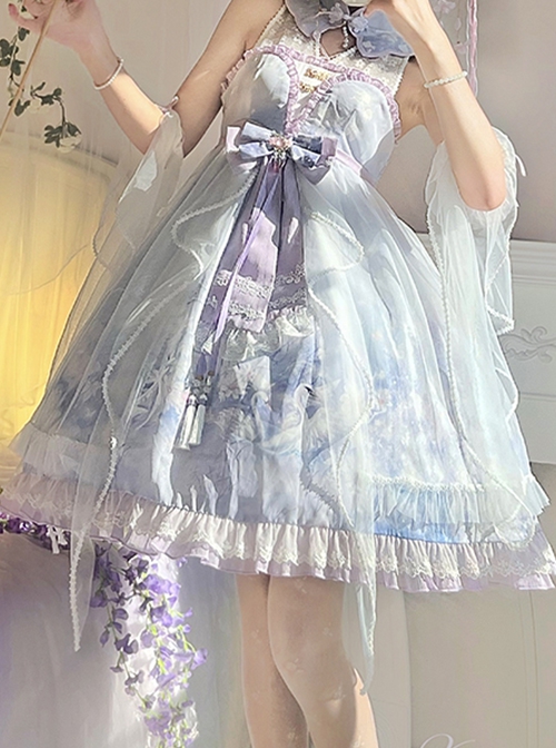 Chinoiserie Purple Stand Collar Lace Bead Chain Bow Fringe Design Swan Castle Print Classic Lolita Sleeveless Dress