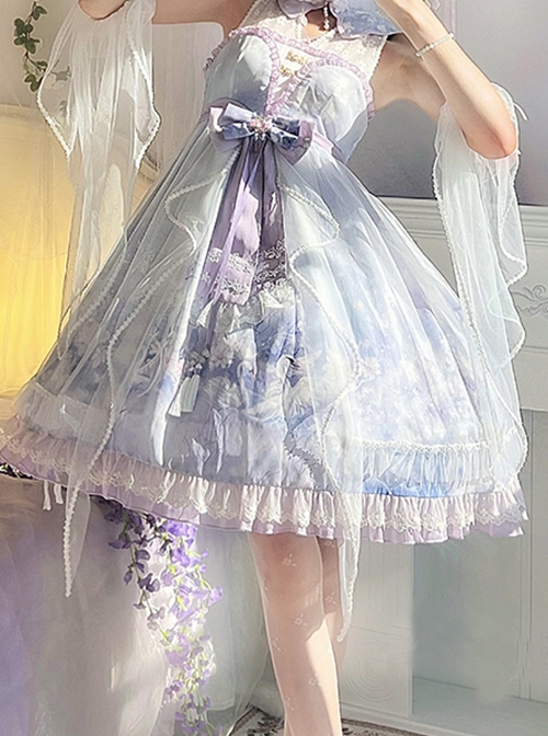 Chinoiserie Purple Stand Collar Lace Bead Chain Bow Fringe Design Swan Castle Print Classic Lolita Sleeveless Dress