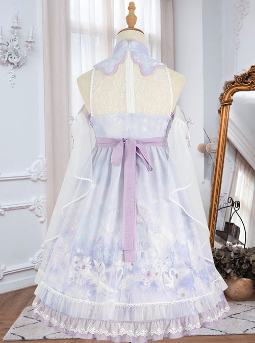 Chinoiserie Purple Stand Collar Lace Bead Chain Bow Fringe Design Swan Castle Print Classic Lolita Sleeveless Dress