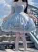 Blue Elegance Open Back Swan Castle Print Bow Lace Bead Chain Necklace Puff Hand Sleeve Classic Lolita Sleeveless Dress