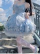 Blue Elegance Open Back Swan Castle Print Bow Lace Bead Chain Necklace Puff Hand Sleeve Classic Lolita Sleeveless Dress