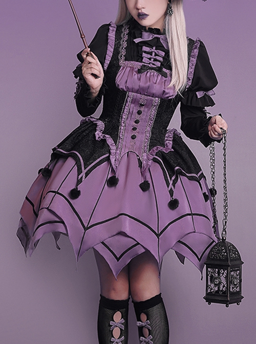 Gothic Style Elegant Rose Lace Bow-Knot Hairball Spider Web Asymmetric Hem Design Witch Halloween Gothic Lolita Long Sleeve Shirt Skirt Set