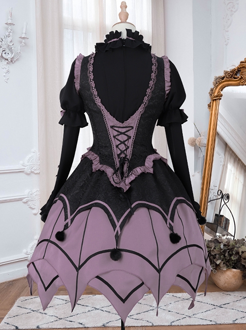 Gothic Style Elegant Rose Lace Bow-Knot Hairball Spider Web Asymmetric Hem Design Witch Halloween Gothic Lolita Long Sleeve Shirt Skirt Set