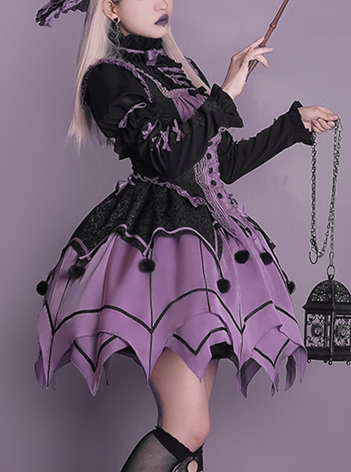 Gothic Style Elegant Rose Lace Bow-Knot Hairball Spider Web Asymmetric Hem Design Witch Halloween Gothic Lolita Long Sleeve Shirt Skirt Set