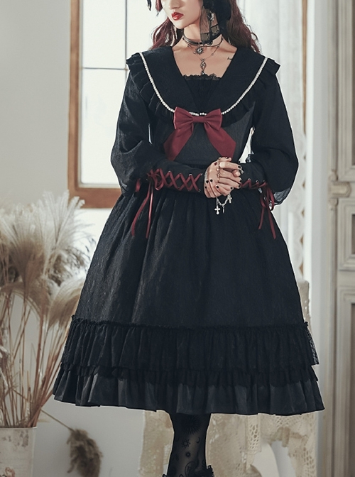 Black Elegant Lace Pearl Chiffon Lapel Bow-Knot Frenulum Pearl Cuffs Gothic Lolita Long Sleeve Dress
