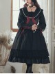 Black Elegant Lace Pearl Chiffon Lapel Bow-Knot Frenulum Pearl Cuffs Gothic Lolita Long Sleeve Dress