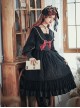 Black Elegant Lace Pearl Chiffon Lapel Bow-Knot Frenulum Pearl Cuffs Gothic Lolita Long Sleeve Dress