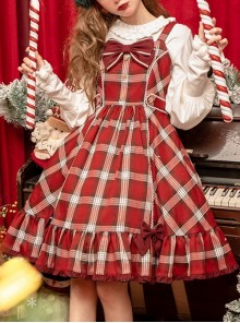 Christmas Eve's Carol Series Red Plaid Sweet Red Bow Simple A-Line Skirt Christmas Classic Lolita Sleeveless Dress