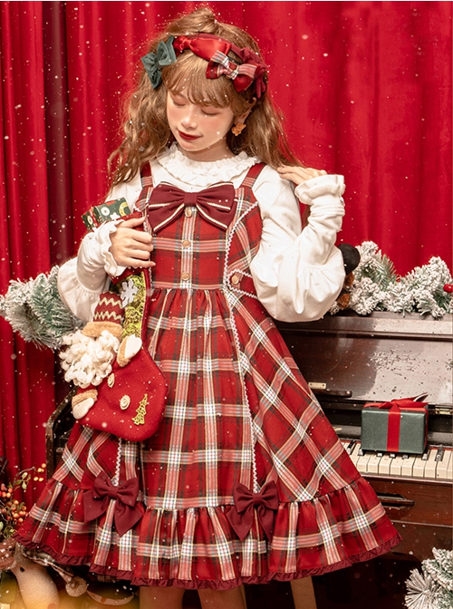 Christmas Eve's Carol Series Red Plaid Sweet Red Bow Simple A-Line Skirt Christmas Classic Lolita Sleeveless Dress