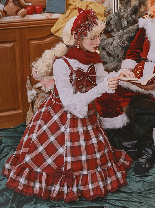 Christmas Eve's Carol Collection Red Plaid Sweet Red Bow Simple A-Line Skirt Christmas Classic Lolita Sleeveless Dress