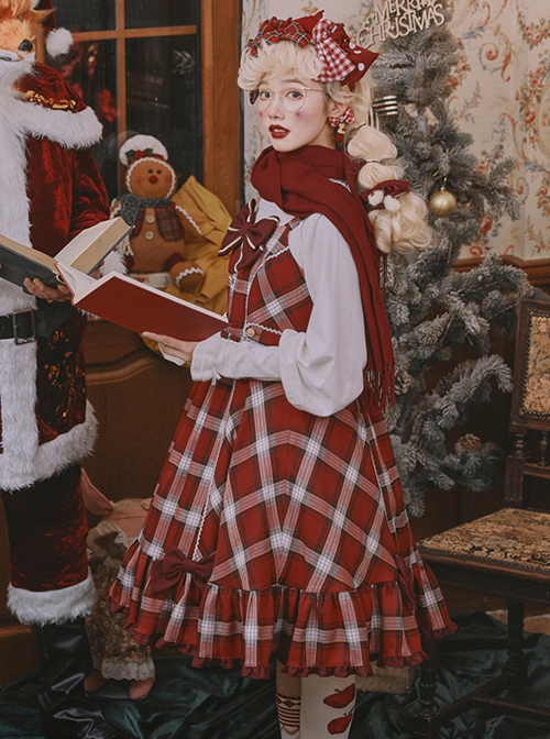 Christmas Eve's Carol Series Red Plaid Sweet Red Bow Simple A-Line Skirt Christmas Classic Lolita Sleeveless Dress