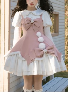 Winter Fairy Tale Series Big Bowknot Star Fur Ball Plush Hem Design Slim Long Sleeve Doll Collar Shirt Sweet Lolita Sleeveless Dress Set