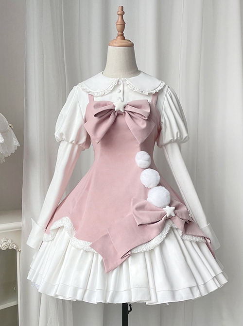 Winter Fairy Tale Series Big Bowknot Star Fur Ball Plush Hem Design Slim Long Sleeve Doll Collar Shirt Sweet Lolita Sleeveless Dress Set