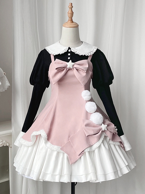 Winter Fairy Tale Series Big Bowknot Star Fur Ball Plush Hem Design Slim Long Sleeve Doll Collar Shirt Sweet Lolita Sleeveless Dress Set