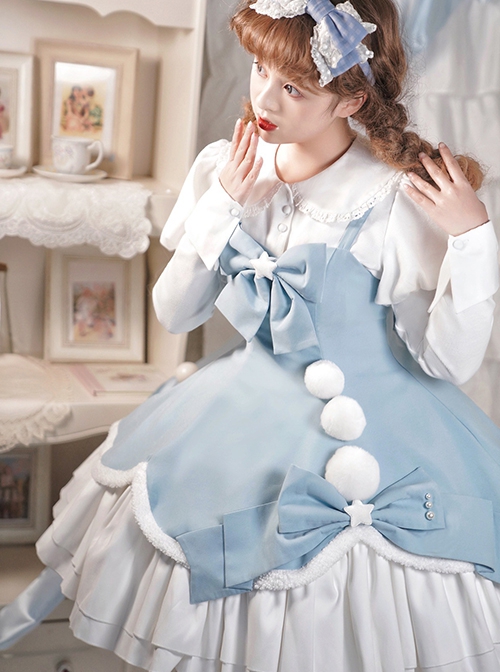 Winter Fairy Tale Series Big Bowknot Star Fur Ball Plush Hem Design Slim Long Sleeve Doll Collar Shirt Sweet Lolita Sleeveless Dress Set