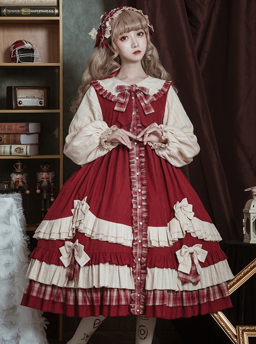 Autumn Winter Doll Collar Plaid Print Bow Stitching Lantern Sleeves Cute Classic Lolita Long Sleeve Dress