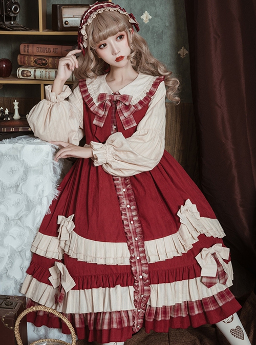 Autumn Winter Doll Collar Plaid Print Bow Stitching Lantern Sleeves Cute Classic Lolita Long Sleeve Dress