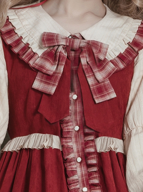Autumn Winter Doll Collar Plaid Print Bow Stitching Lantern Sleeves Cute Classic Lolita Long Sleeve Dress