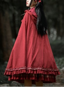 Red Simple Cute Ruffle Autumn Winter Frenulum Up Big Hat Classic Lolita Cloak