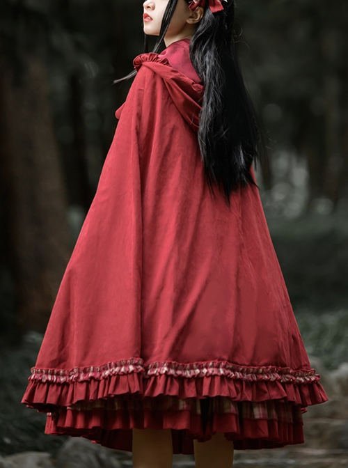 Red Simple Cute Ruffle Autumn Winter Frenulum Up Big Hat Classic Lolita Cloak