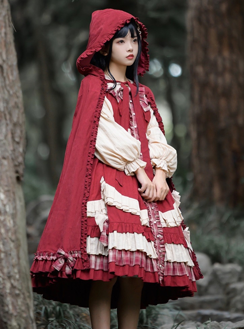 Red Simple Cute Ruffle Autumn Winter Frenulum Up Big Hat Classic Lolita Cloak