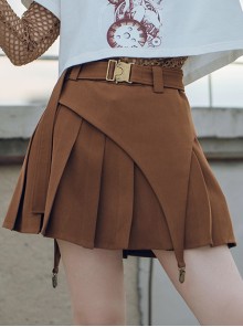 Punk Spring Autumn Brown Irregular Cut Design Bronzed Alloy Belt Buckle Pleated Skirt Half Skirt Short Skirt Female