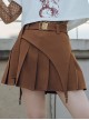 Punk Spring Autumn Brown Irregular Cut Design Bronzed Alloy Belt Buckle Pleated Skirt Half Skirt Short Skirt Female