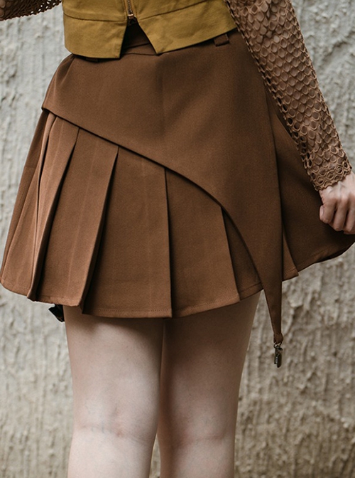 Punk Spring Autumn Brown Irregular Cut Design Bronzed Alloy Belt Buckle Pleated Skirt Half Skirt Short Skirt Female