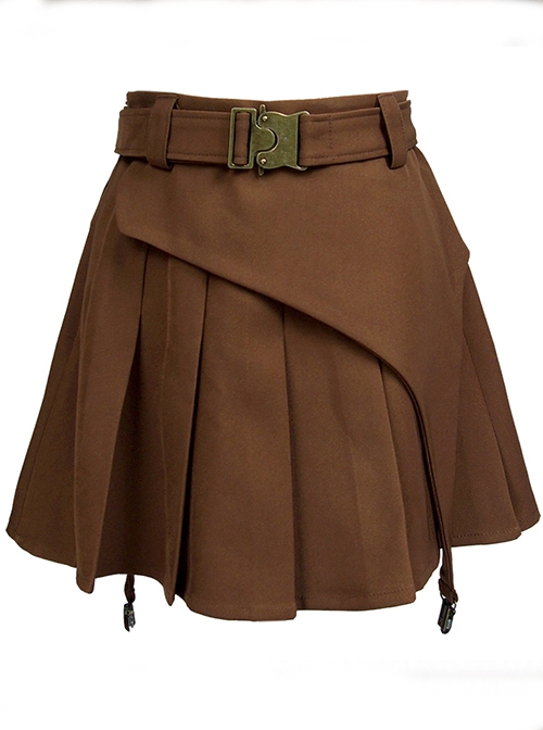 Punk Spring Autumn Brown Irregular Cut Design Bronzed Alloy Belt Buckle Pleated Skirt Half Skirt Short Skirt Female
