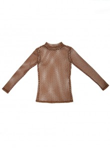 Punk Spring Autumn Turtleneck Thin Section Brown Knitted Diamond-Shaped Hollow Mesh Bottoming Shirt Long-Sleeved T-Shirt