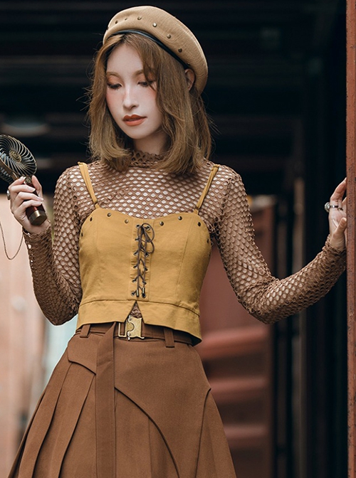 Punk Spring Autumn Turtleneck Thin Section Brown Knitted Diamond-Shaped Hollow Mesh Bottoming Shirt Long-Sleeved T-Shirt