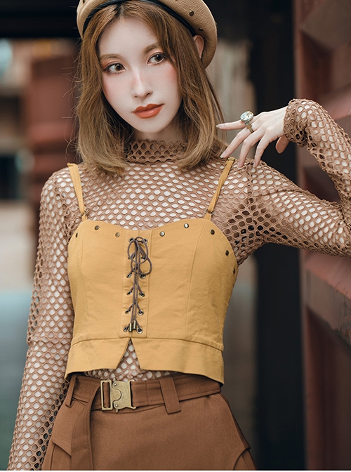 Punk Spring Autumn Turtleneck Thin Section Brown Knitted Diamond-Shaped Hollow Mesh Bottoming Shirt Long-Sleeved T-Shirt