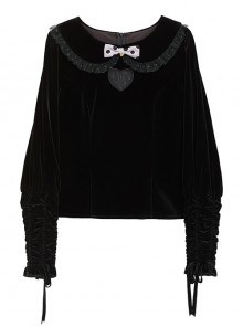 Black Velvet Crew Neck Heart Cutout Polka Dot Bow-Knot Frenulum Classic Lolita Long-Sleeved Shirt