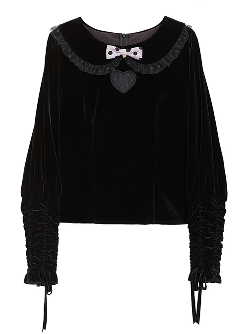 Black Velvet Crew Neck Heart Cutout Polka Dot Bow-Knot Frenulum Classic Lolita Long-Sleeved Shirt