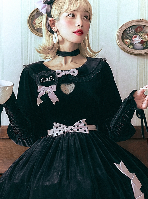 Black Velvet Crew Neck Heart Cutout Polka Dot Bow-Knot Frenulum Classic Lolita Long-Sleeved Shirt