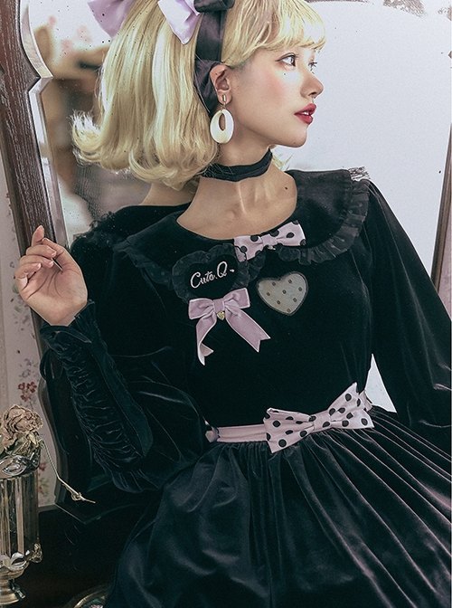 Black Velvet Crew Neck Heart Cutout Polka Dot Bow-Knot Frenulum Classic Lolita Long-Sleeved Shirt