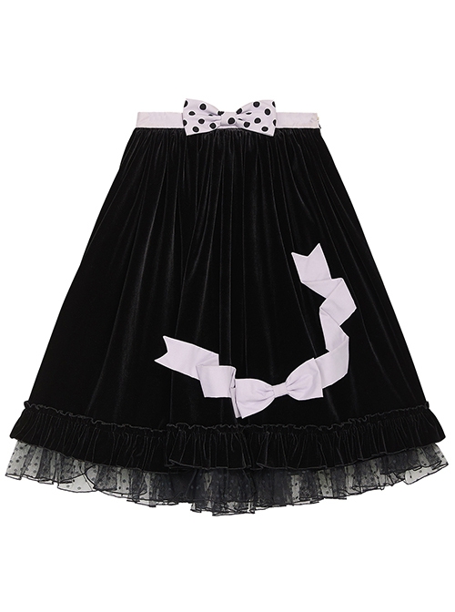 Autumn Winter Black Gauze Polka Dot Ruffle Hem Polka Dot Bow Decorated Velvet Classic Lolita Skirt