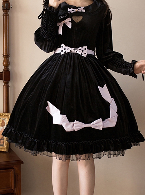 Autumn Winter Black Gauze Polka Dot Ruffle Hem Polka Dot Bow Decorated Velvet Classic Lolita Skirt