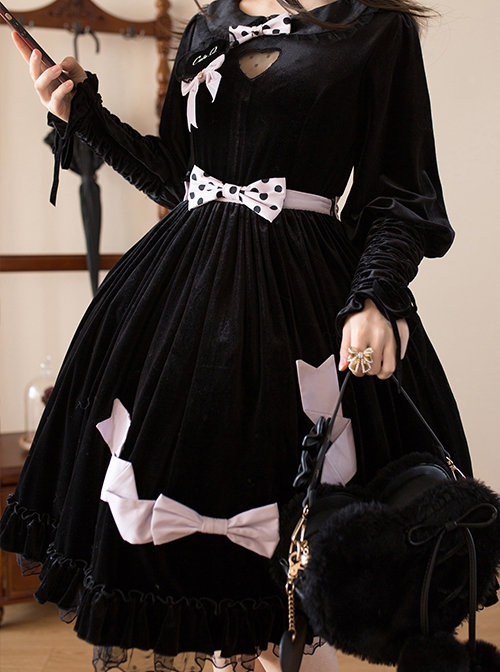 Autumn Winter Black Gauze Polka Dot Ruffle Hem Polka Dot Bow Decorated Velvet Classic Lolita Skirt